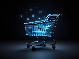 Futuristic glowing shopping cart with digital icons representing online shopping and e commerce