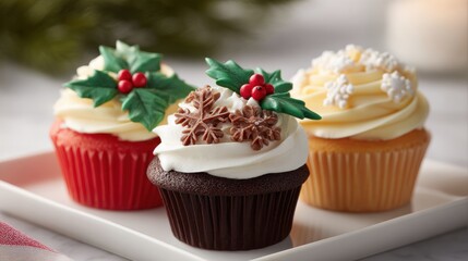 Festive cupcakes decorated with holiday-themed icing and toppings, featuring holly leaves, berries, and snowflakes on a white plate.