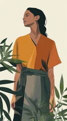 A woman is standing in front of a plant