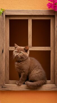 A chocolate British Shorthair kitten sits in a wooden window framed by pink and white bougainvillea, with a warm stucco wall background. A cozy, elegant Mediterranean moment.