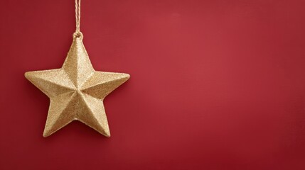A glittery gold star ornament hangs against a vibrant red background, evoking festive holiday cheer and decoration.