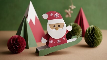 Obraz premium Paper craft Santa skiing among festive trees and ornaments on a green and brown background, capturing a playful holiday scene.