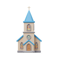 Cartoon Church 3D Render with Blue Roof and Stained Glass Windows on Transparent