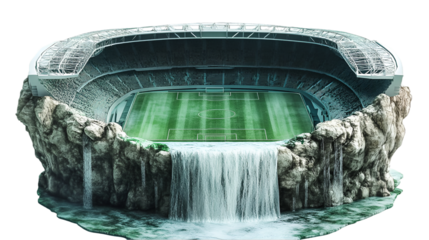 A surreal stadium sits atop a rocky outcrop, cascading waterfalls provide a dramatic contrast to the sports arena, transparent background