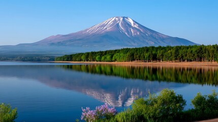 Majestic Mountain Reflection in Calm Lake with Blooming Flowers and Lush Green Forests