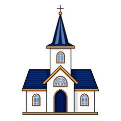 Cartoon Church Building with Blue Roof and White Walls in Front View on Isolated Background
