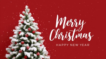 Snow-covered Christmas tree with red ornaments on a red background, featuring the text "Merry Christmas" and "Happy New Year."