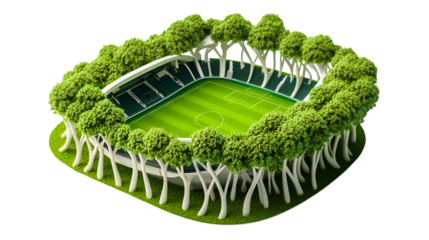 A whimsical miniature football stadium design is surrounded by lush green trees, creating an eco-friendly sports concept with transparent background.