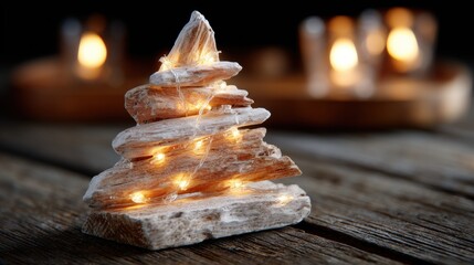 Driftwood Christmas tree adorned with warm fairy lights on a rustic wooden table, creating a cozy and festive atmosphere.