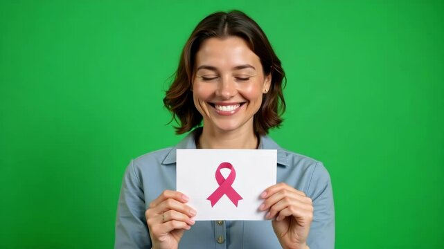 A woman in her forties displays a pink ribbon card promoting breast cancer awareness on a green screen, suitable for 4k video production.