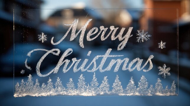 Frosted glass design with "Merry Christmas" text and snowflakes, viewed against a blurred snowy background, evoking festive holiday spirit. - Powered by Adobe