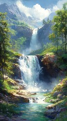 Mountain waterfall cascading into emerald pool high resolution picture