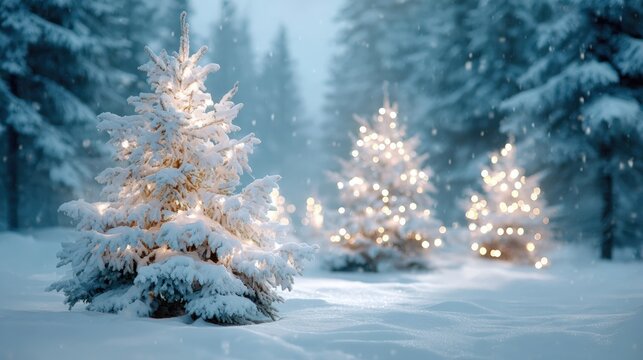 Snow-covered Christmas trees with glowing lights in a serene winter forest, creating a festive and peaceful atmosphere.