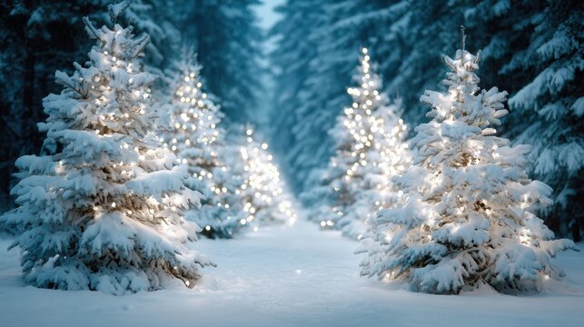 Snow-covered Christmas trees adorned with glowing lights in a serene winter forest setting.