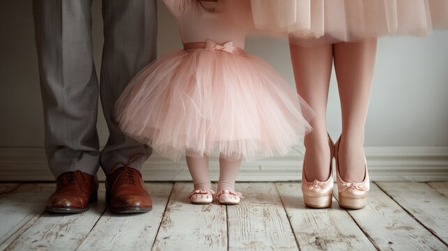 A family stands together, featuring a child in a pink tutu between adults in formal attire on a wooden floor, emphasizing unity and elegance.
