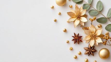 Elegant flat lay of golden flowers, leaves, and star anise on a white background, creating a festive and luxurious composition.