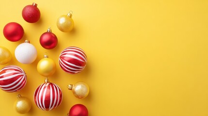 Christmas ornaments in red, white, and gold on a vibrant yellow background, creating a festive and cheerful holiday atmosphere.
