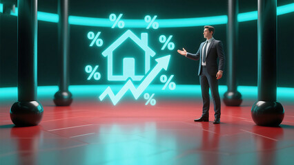 Fototapeta premium Man presenting house icon with percentage signs and upward arrow in futuristic setting