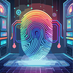 Glowing holographic fingerprint displayed in futuristic digital environment