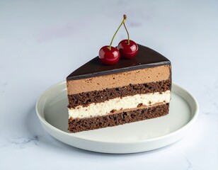 Chocolate Layer soft Cake Slice with Cherries 