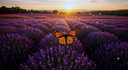 Monarch Butterfly on Purple Lavender Field at Sunset