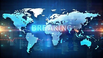 Obraz premium Breaking news headline glowing in neon metallic style over cyber world map background futuristic high-resolution media layout for online video streaming international journalism network television
