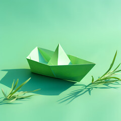 Paper origami boat with rosemary leaves on green background. Minimal concept