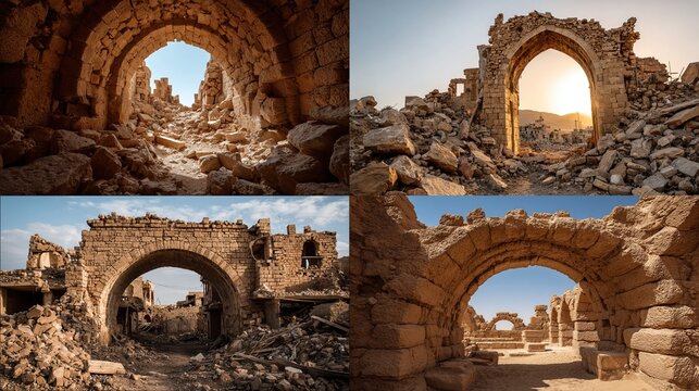 Architectural ruins showcased with diverse camera angles in desert city, near sunrise/sunset.