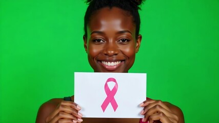 A young African American woman aged eighteen to twenty-five holds a pink ribbon card for breast cancer awareness on a green screen in 4k resolution.
