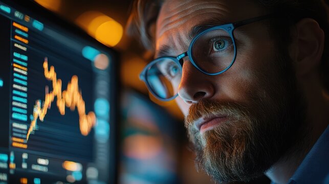 Analyst reviews stock market data, night office, charts, focused