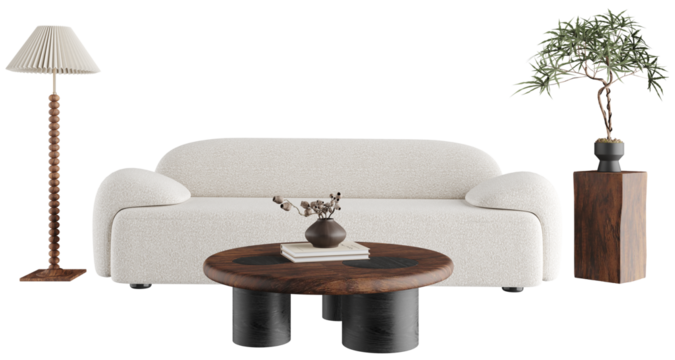 White boucle sofa with round dark wood coffee table and floor lamp isolated on transparent background with shadow, front view