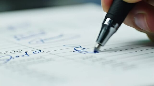 Hand writes blue ink on lined paper with a black pen in close up
