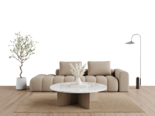 Modern beige sofa with marble coffee table and indoor tree isolated on transparent background with shadow, front view