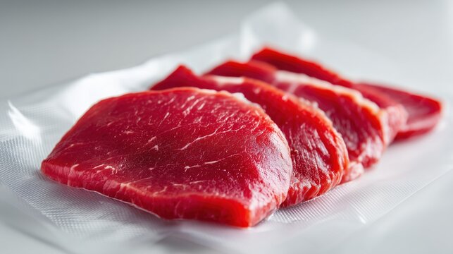 Fresh red meat slices on a white surface, ready for cooking.