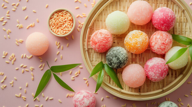Mochi Balls with Rice Flour, Bamboo Leaves, and Red Bean Paste Around Lacquered Plate on Sakura Pink or Pale Mint Background &ndash; Japanese Dessert Scene with Clean Layout
