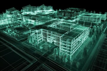 Digital wireframe showcasing a modern university campus with sustainable and tech-driven design.
