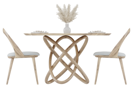 Front view of artistic wooden dining table with sculptural base and 2 chairs – isolated PNG image with transparent background