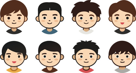Set of 8 Minimal Boys' Profile Icons on White Background – Flat Design Avatars