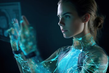 Woman in a tech suit with an integrated holographic display interface, interacting with data streams.