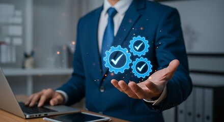 Businessman showing gears with checkmarks, symbolizing process and efficiency