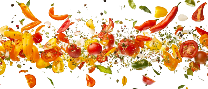 Vibrant array of colorful bell peppers and tomatoes arranged against a stark black backdrop, creating an appetizing visual appeal, transparent background