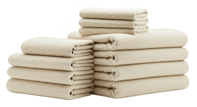 Isolated Background of Stacked Beige Towels Cotton Fabric For Spa