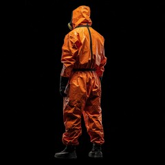 Fototapeta premium A person in an orange hazmat suit, viewed from the rear, isolated on black