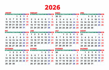 2026 yearly calendar design in red and green with Sunday to Saturday week format, printable...