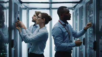 Three people working in a server room, monitoring data racks - Powered by Adobe