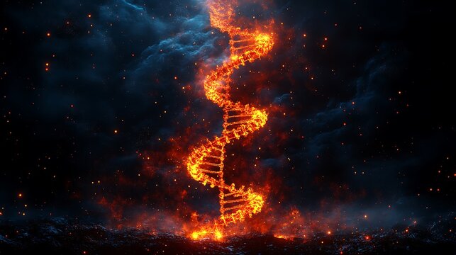 Fiery spiral of dna structure against a dark background.