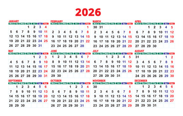 2026 yearly calendar design in red and green with Sunday to Saturday week format, printable calendar template layout