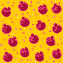 Pomegranate seamless pattern with cute white flowers. Red garnet seamless background design for wrapping paper, cards, packaging. Rosh Hashanah background. Vector illustration