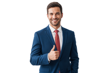 Confident handsome businessman in a blue suit and red tie smiling and showing a thumbs-up gesture, isolated on transparent background