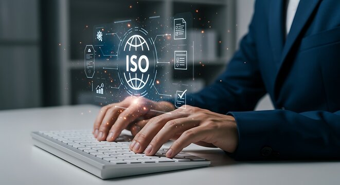 Businessman typing on a keyboard with iso certification displayed digitally